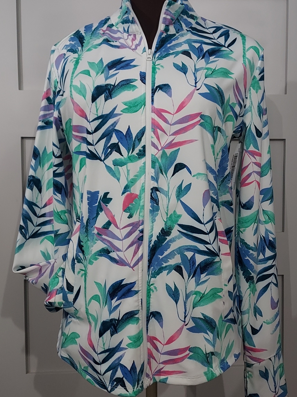 Tommy Bahama White Tropical Leaf Tennis Zip Jacket Blue & Green Leaves Size Larg